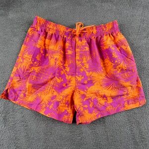 Panama Jack Swim Trunks Mens Medium Orange Purple Tropical Palm Script Beachwear